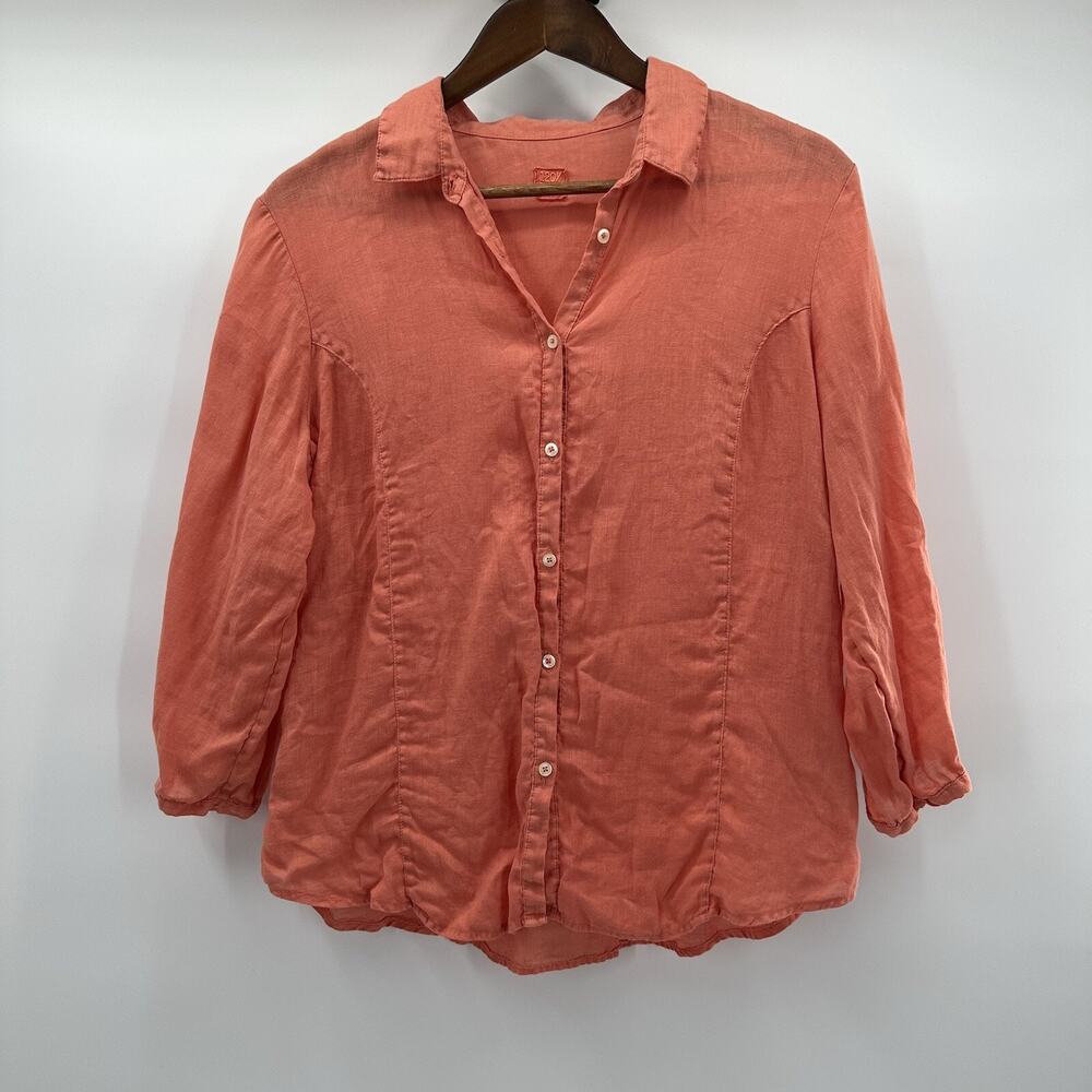 120% Lino Top Shirt Womens 12 Orange Pink Coral Linen Beachy Minimalist Button‎